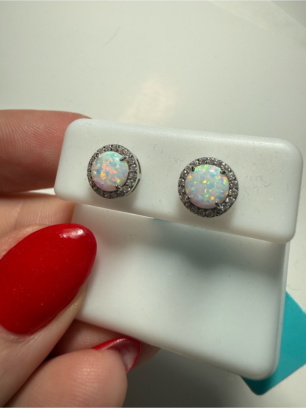 Opal Halo Stud Earrings - White Opal with Silver